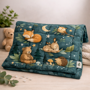 Kinder-Gewichtsdecke mit Waldtieren wie Fuchs, Reh, Bär und Igel. unter Mond und Sternen auf dunkelgrünem Hintergrund. Geeignet zum Beruhigung und für besseren Schlaf durch sanften Tiefdruck.